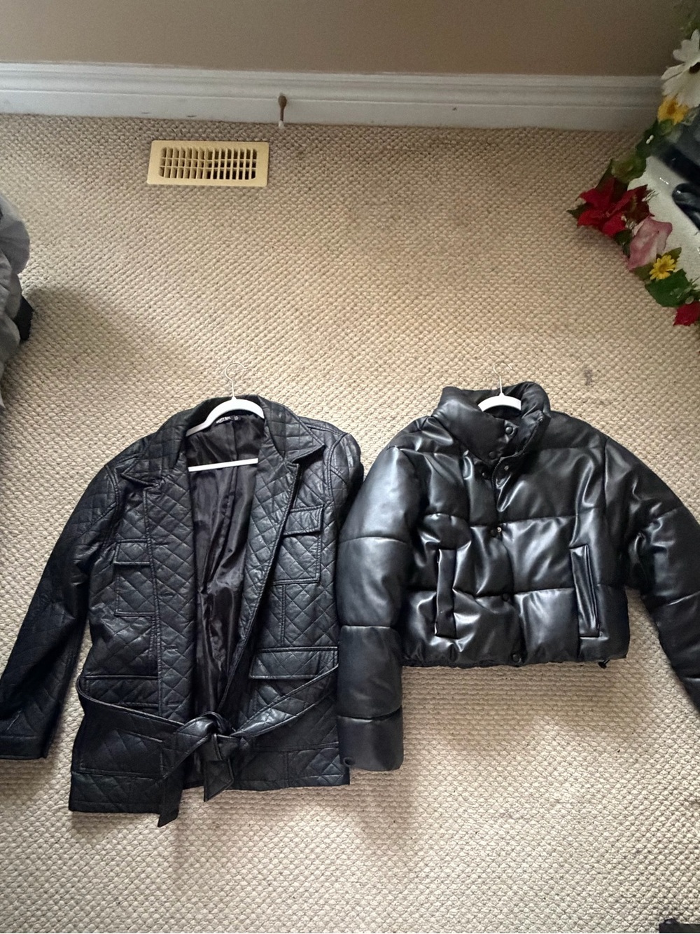Black Puffer Jacket and Faux Leather Jacket